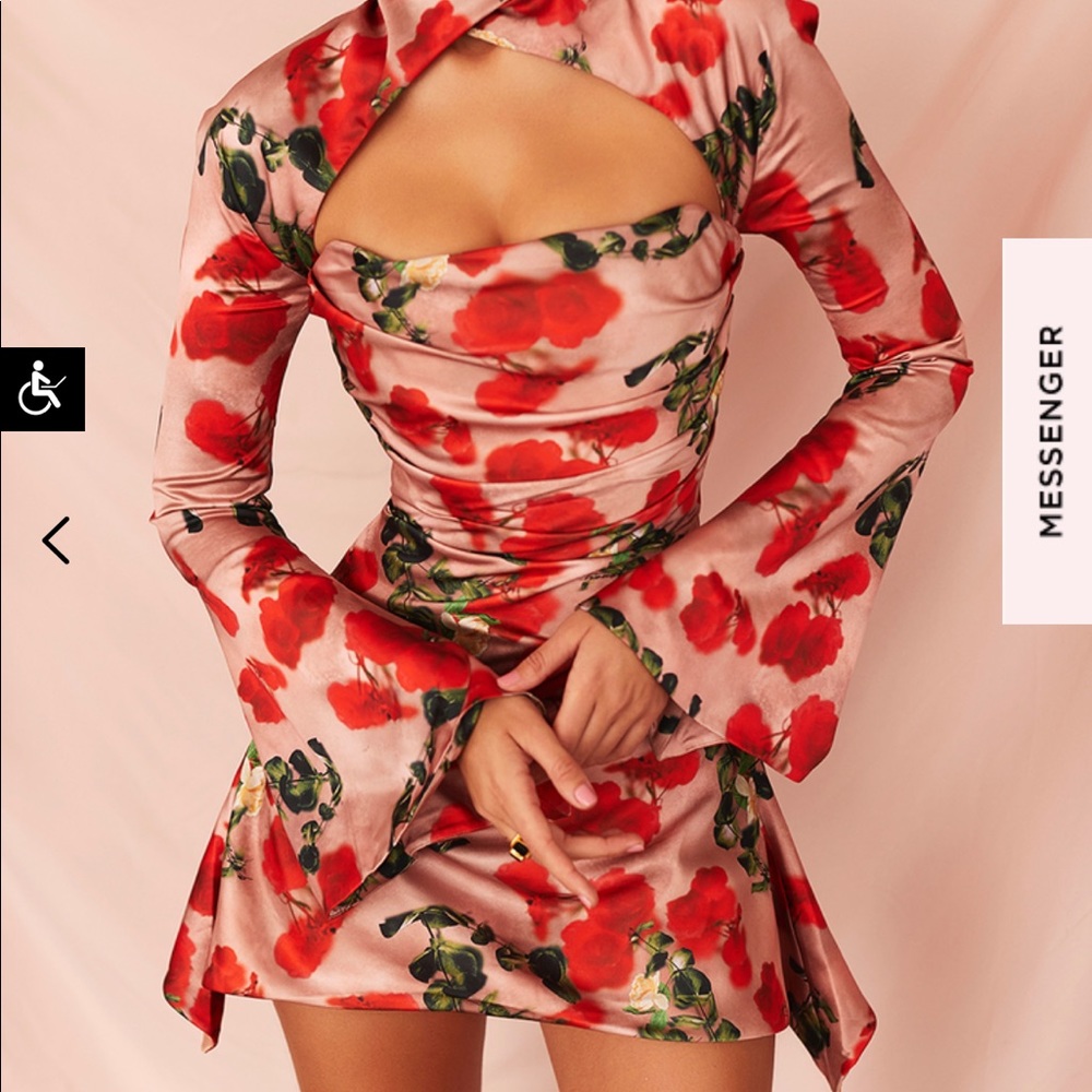 House of cb Toira dress. Pink and red rose print dress